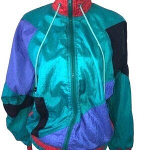 Milano Sport Jacket Medium M Womens Vintage Color Block Green Black Zip Pockets